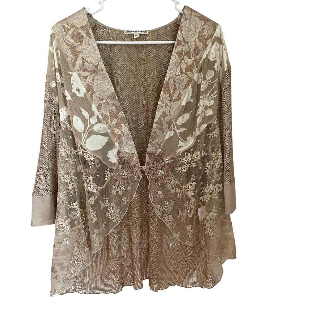 Spencer Alexis Vtg 2X Lace Silk Burnout Mixed Media Jacket Champagne Beige